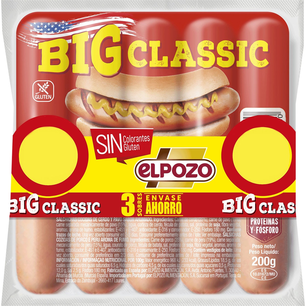 Big Classic salchichas cocidas de cerdo y pavo sabor ahumado pack 3 x 200 g envase 600 g sin gluten - Elpozo
