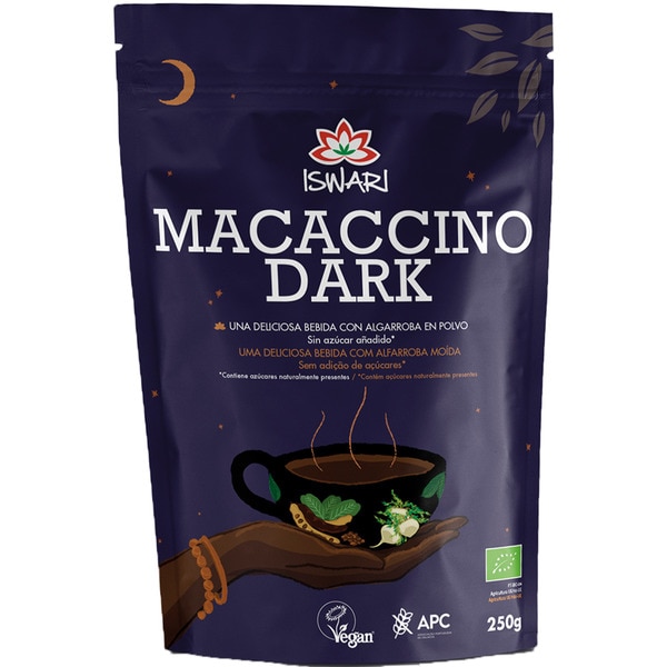 Bebida com Alfarroba Moída Macaccino Dark Bio embalagem 250 g