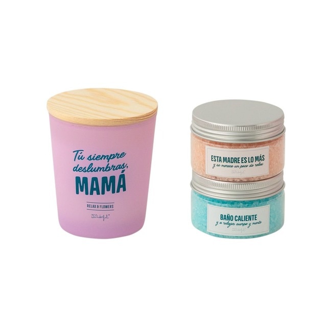 Kit de Mimos para Mamá Compuesto por Sales de Baño y Vela con Mensaje y Diseño Mr Wonderful