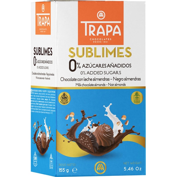 TRAPA Sublimes bombones surtidos con almendras sin gluten 0% azúcares añadidos estuche 155 g sin aceite de palma