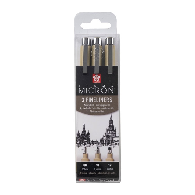 Set 3 Rotuladores Calibrados Pigma Micrón Diferentes Grosores 08, 10 y 12 Sakura Negro.