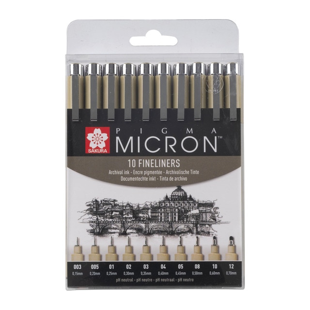 Set de diez rotuladores puntafina negros pigma micrón Sakura multicolor.