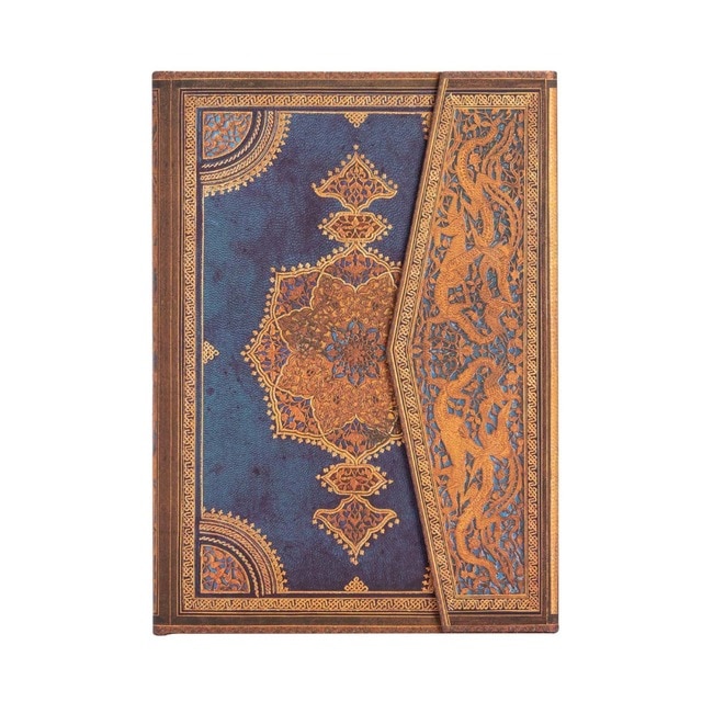 Libreta Midi Liso Cierre con Solapa Magnética Safavid Índigo Paperblanks Azules y Dorados.