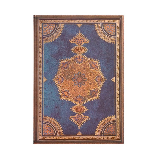 Libreta Grande Liso Cierre con Banda Elástica Safavid Índigo Paperblanks Azules y Dorados.