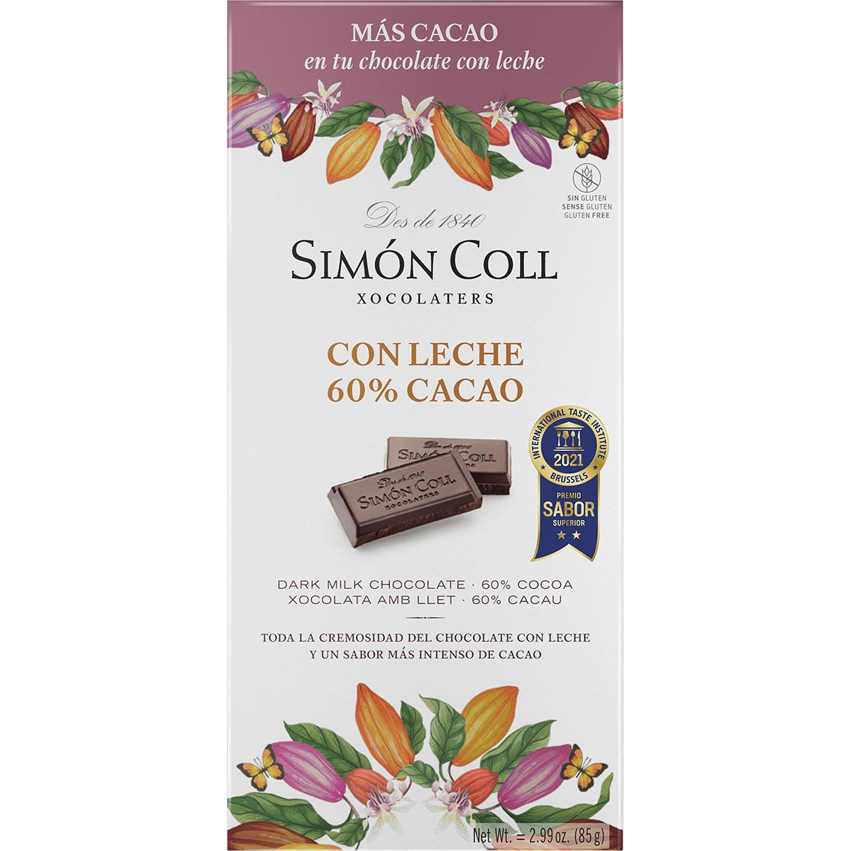 chocolate con leche con 60% de cacao sin gluten