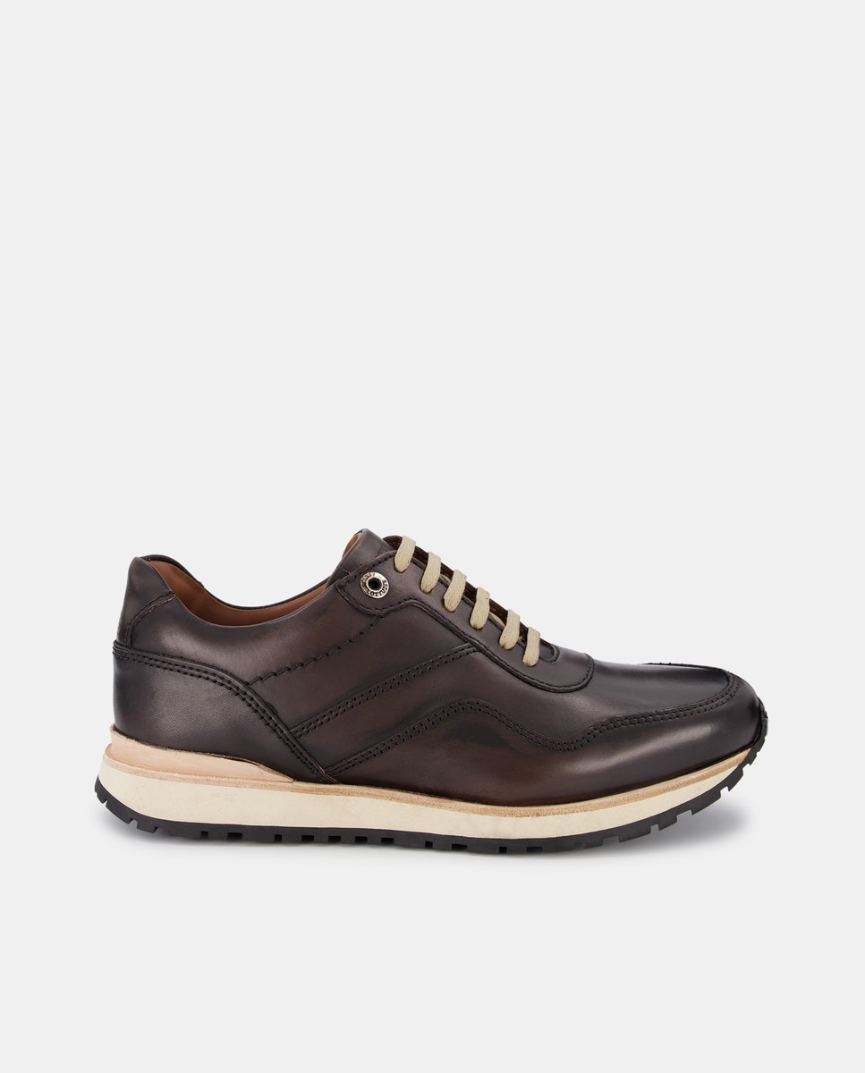 Lottusse - Zapatillas retro Tokyo de piel de vacuno marrón de hombre.