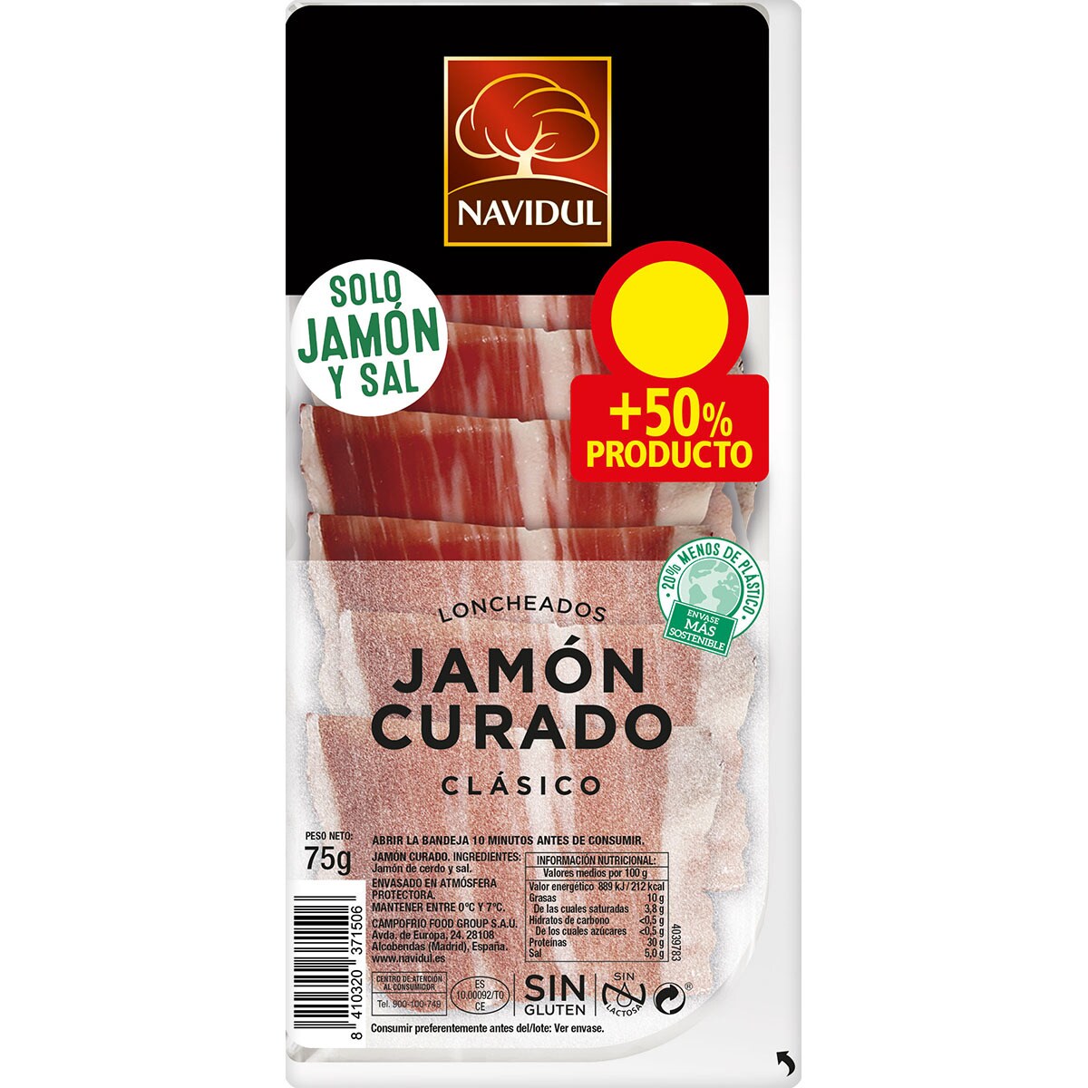 Classic sliced cured ham glutenfree container 75 g · NAVIDUL