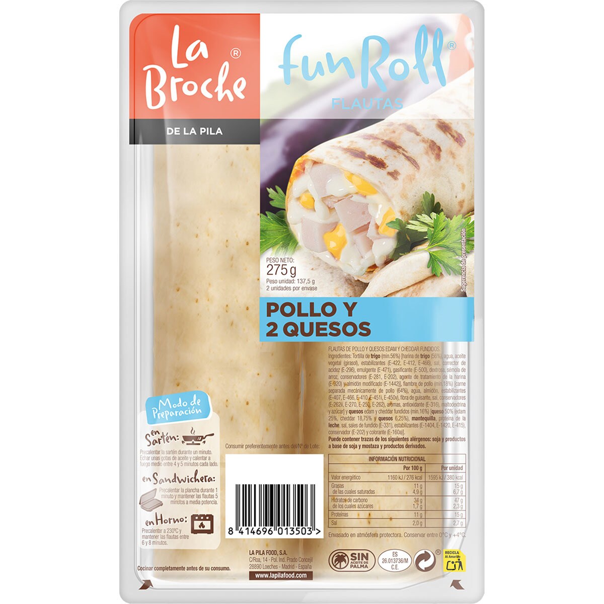 Fun Roll flautas de pollo y 2 quesos 2 unidades envase 275 g · LA