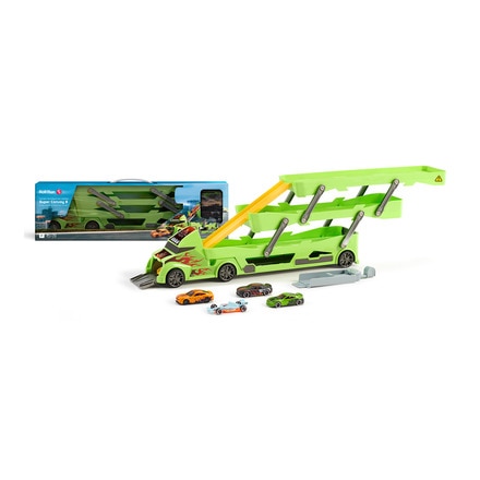 Tráiler con rampa lanzadera y 4 coches de carreras Super Convoy 8  