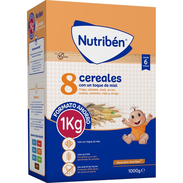 papilla instantánea de 8 cereales con un toque de miel de fácil disolución box 1 kg economy pack ages 6+ months with no palm oil
