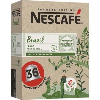 NESCAFE FARMERS ORIGINS Brazil café lungo pure arabica intensidad 8 estuche 36 cápsulas compatibles con máquinas Nespresso