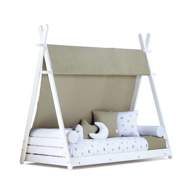 Cama Montessori HOMY 70x140 cm + nórdico + toldo en verde-oliva