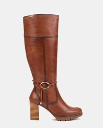 Bottes femme marron lisses en cuir à tige haute avec rubans et talon bottier