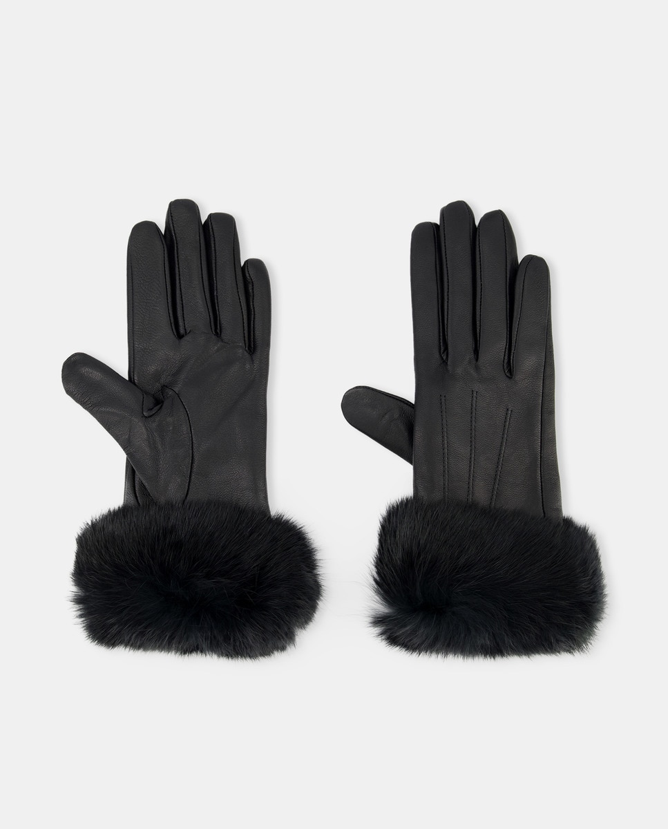 Black leather gloves with fur cuffs · Women's fashion · El Corte Inglés