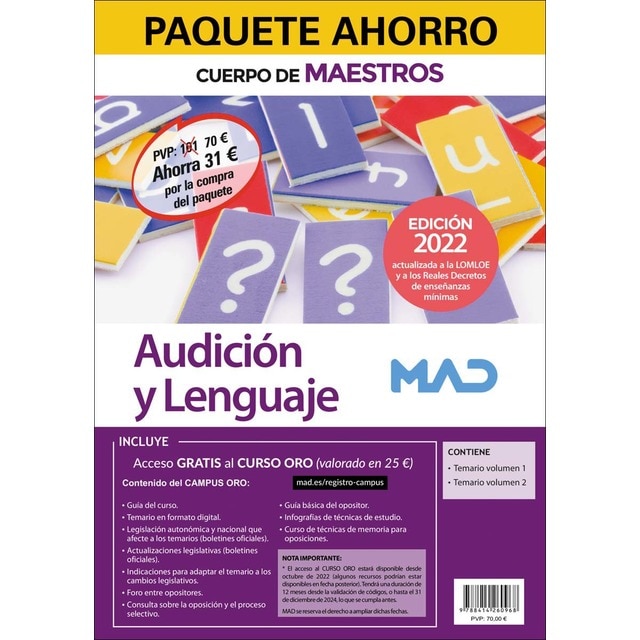Paquete Ahorro Cuerpo de Maestros Audición y Lenguaje. Ahorra 31 & incluye en papel: Temario volúmenes 1 y 2; y acceso online gratis a (Tapa blanda)