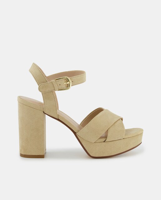Women's beige platform sandals with crisscross straps and block heel