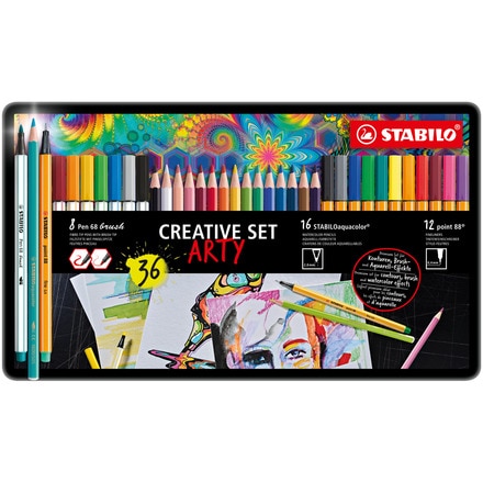 Estuche ARTY `Creative Set` con 12 rotuladores punta fina  point 88 + 8 rotuladores premium pen 68 + 12 lápices de color acuarelable aquacolor