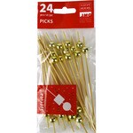 Dekorzahnstocher aus Bambus mit Goldperle Paket 24 Einheiten