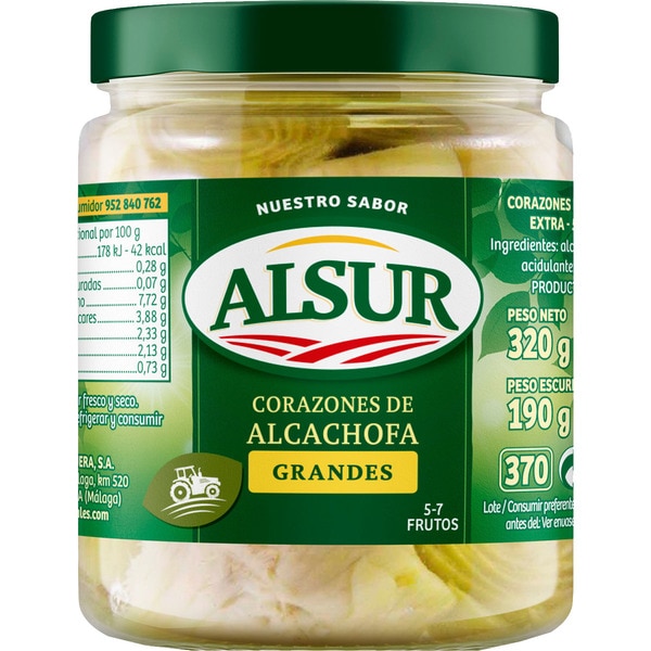 ALSUR corazones de alcachofa grandes 5-7 piezas frasco 190 g neto escurrido