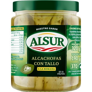 ALSUR alcachofas con tallo a la romana 10-14 piezas frasco 190 g neto escurrido