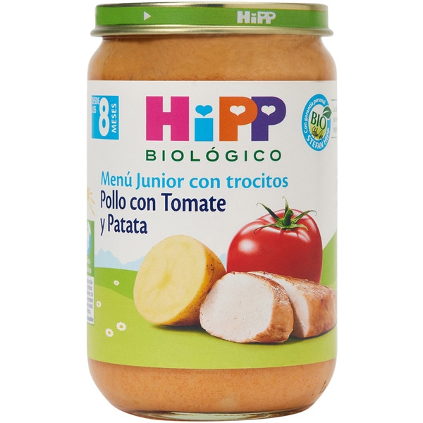 HIPP BIOLOGICO Menú Junior tarrito de pollo y tomate con patatas con trocitos ecológico y desde 8 meses envase 220 g sin gluten