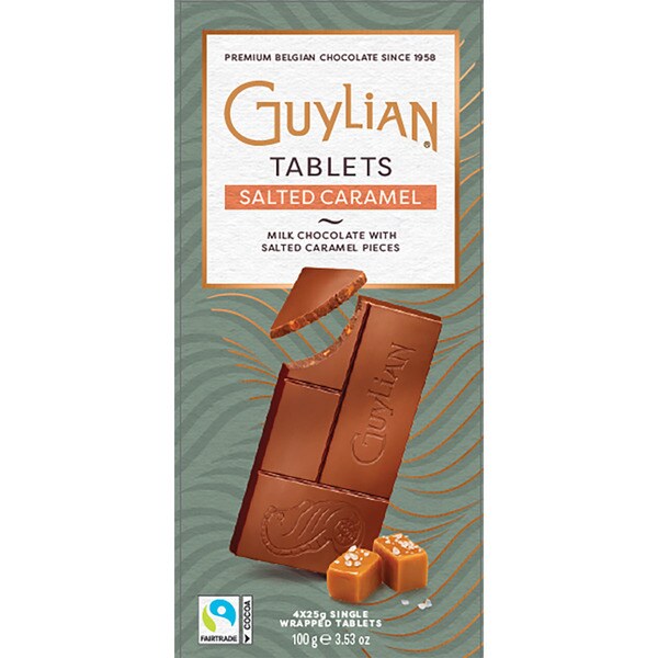 GUYLIAN Tablets chocolate con leche y caramelo salado pack 4 unidades 25 g envasadas individualmente