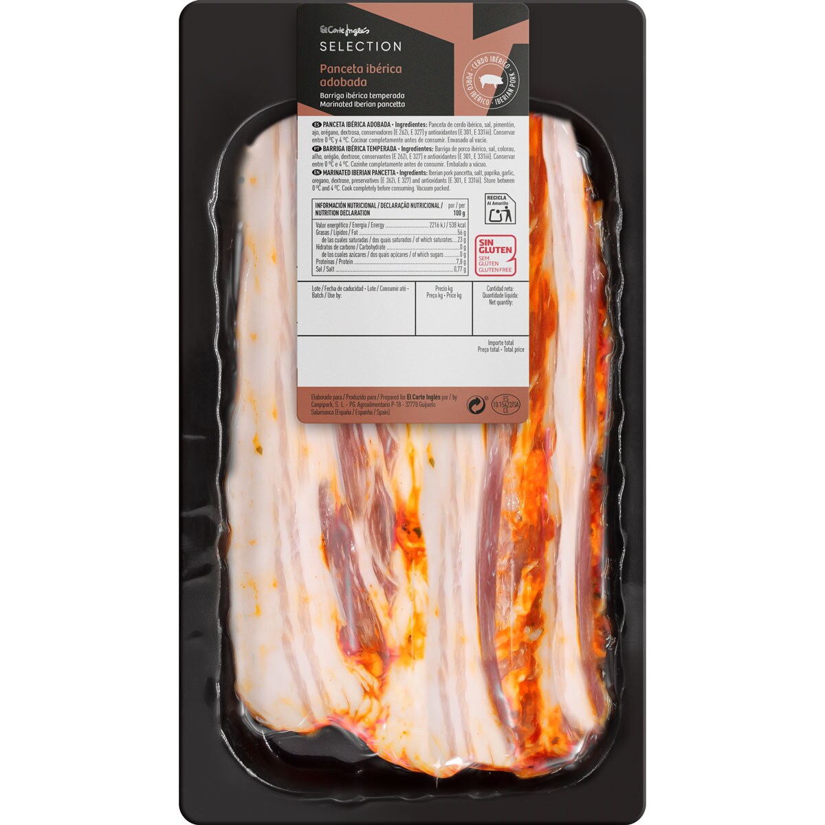Panceta adobada en filetes de cerdo ibérico sin gluten peso aproximado