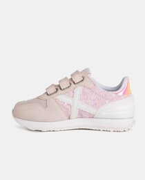 Chaussures fille roses basses style running à détails pailletés et triple bride auto-agrippante