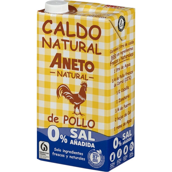 ANETO caldo de pollo 100% natural 0% sal añadida sin gluten y sin saltosa envase 1 l