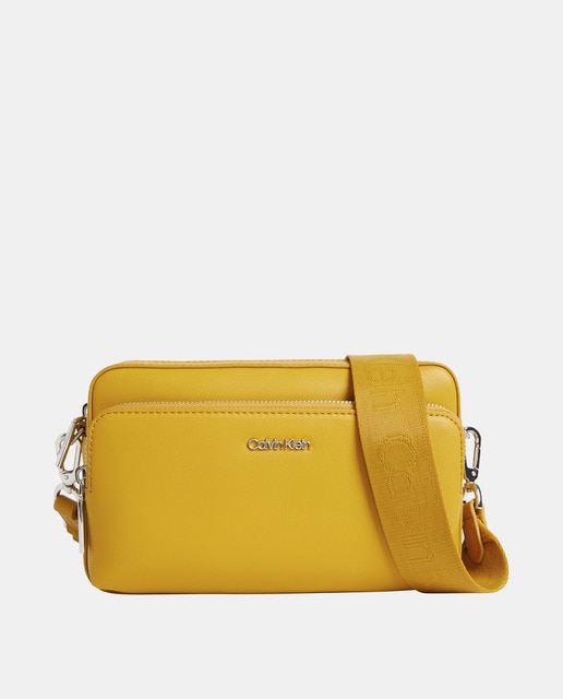 Mustard crossbody bag with outer pocket and zip