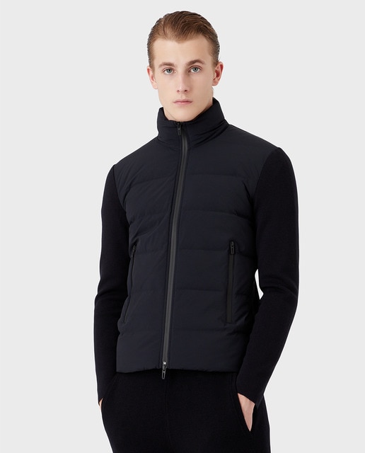 Men's quilted jacket with a blend of knitted and technical fabric · Men