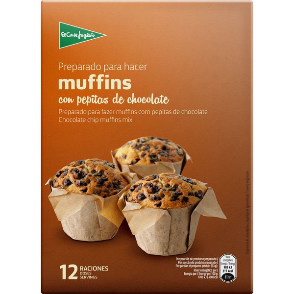 EL CORTE INGLES preparado para hacer muffins con pepitas de chocolate 12 raciones estuche 375 g
