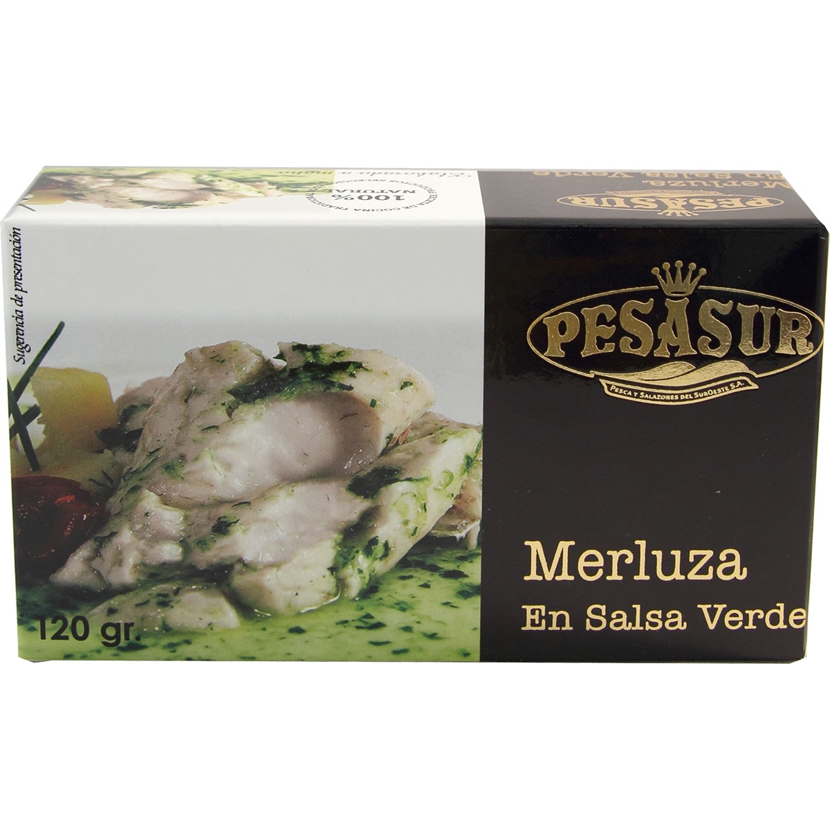 Merluza en salsa verde lata 80 g neto escurrido · PESASUR
