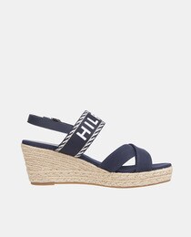 Women's navy blue espadrilles with wedge, criss-cross straps and ankle bracelet