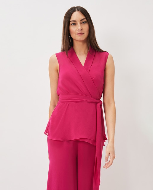 Blusa de mujer sin mangas con cuello pico y cinturón