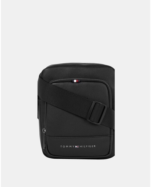 Small black crossbody bag with metallic logo