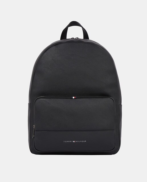 Black backpack with front pocket and logo