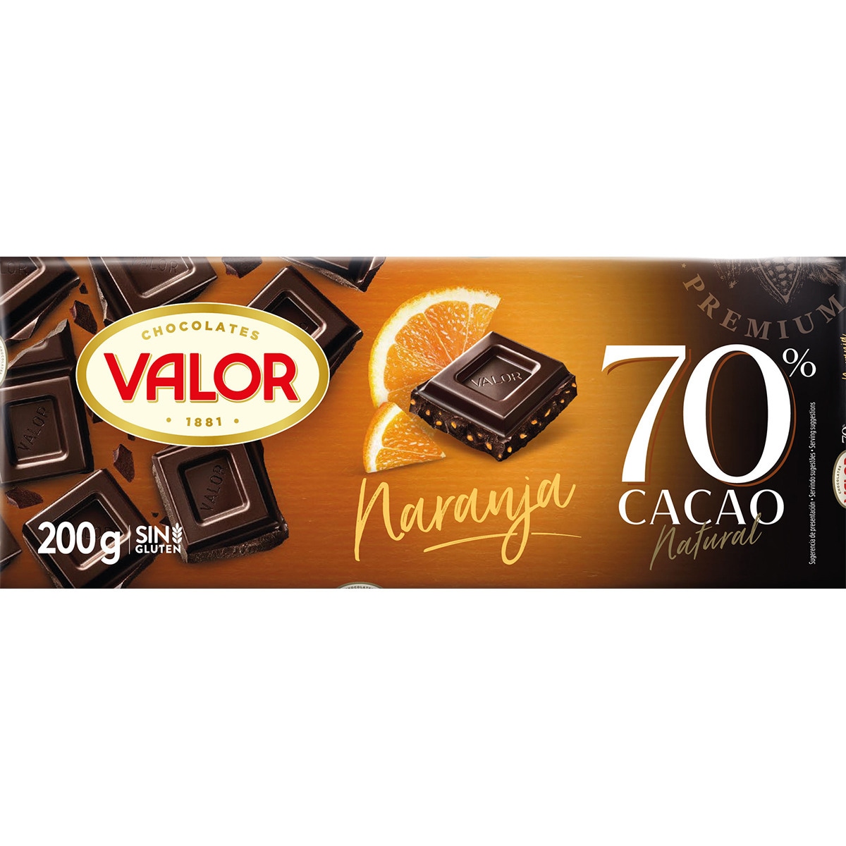 chocolate negro 70% cacao natural, con naranja y sin gluten