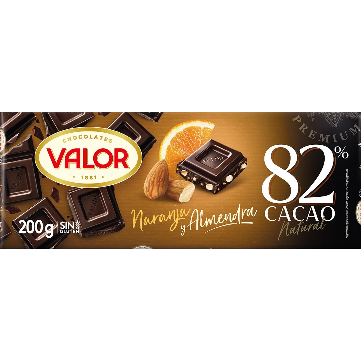 chocolate negro 82% cacao natural con naranja y almendra sin gluten