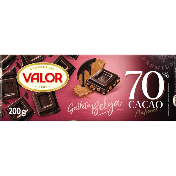 VALOR chocolate negro 70% cacao natural y galleta belga tableta 200 g