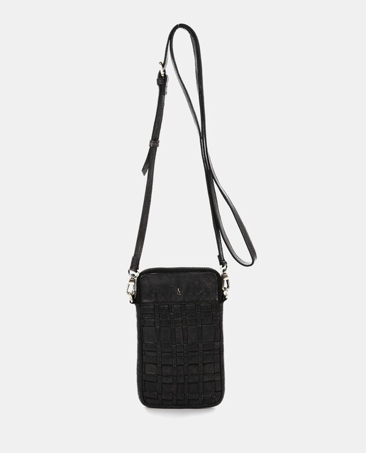 Green plaited leather mobile phone bag with detachable crossbody strap