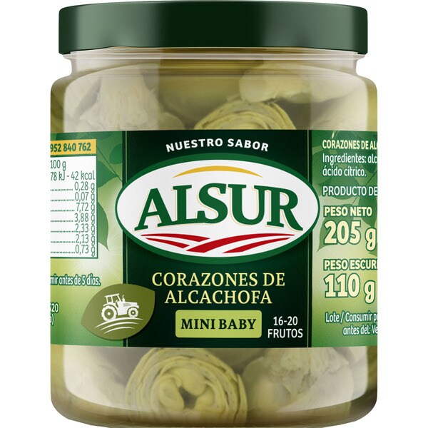 ALSUR corazones de alcachofa mini baby 20-25 piezas frasco 150 g neto escurrido