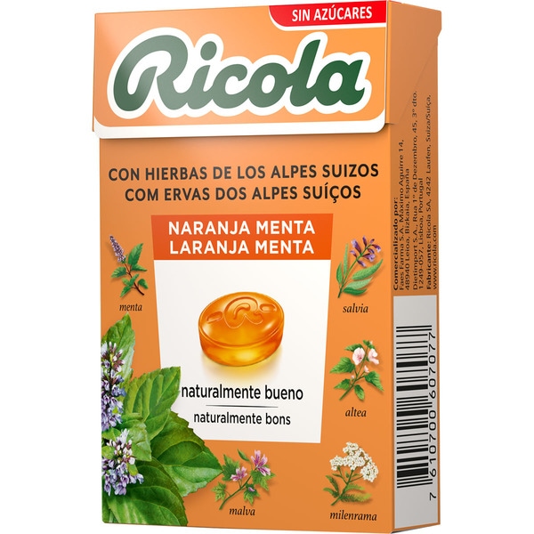 Balsamkräuterbonbons aus der Schweiz zuckerfrei mit Orange-Minzgeschmack Box 50 g