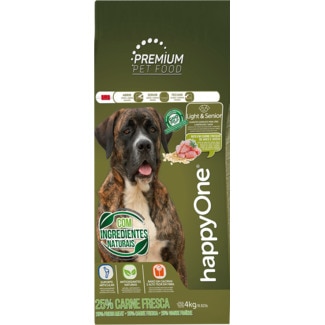 happyOne Alimento Seco para Cão Sénior Premium Light sabor Carne Fresca de Aves e Aveia embalagem 4 kg
