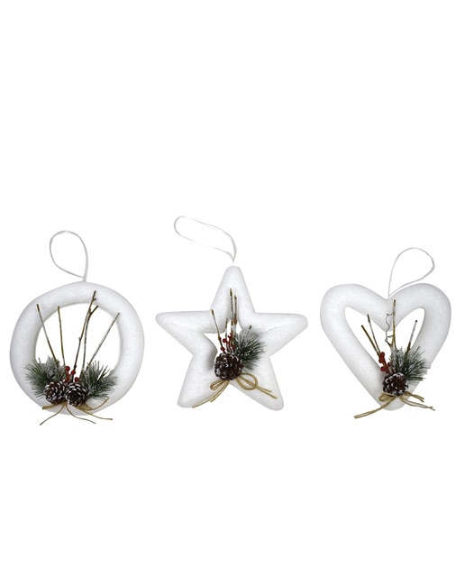 Pack 3 colgantes flocados blanco piña 13 cm.