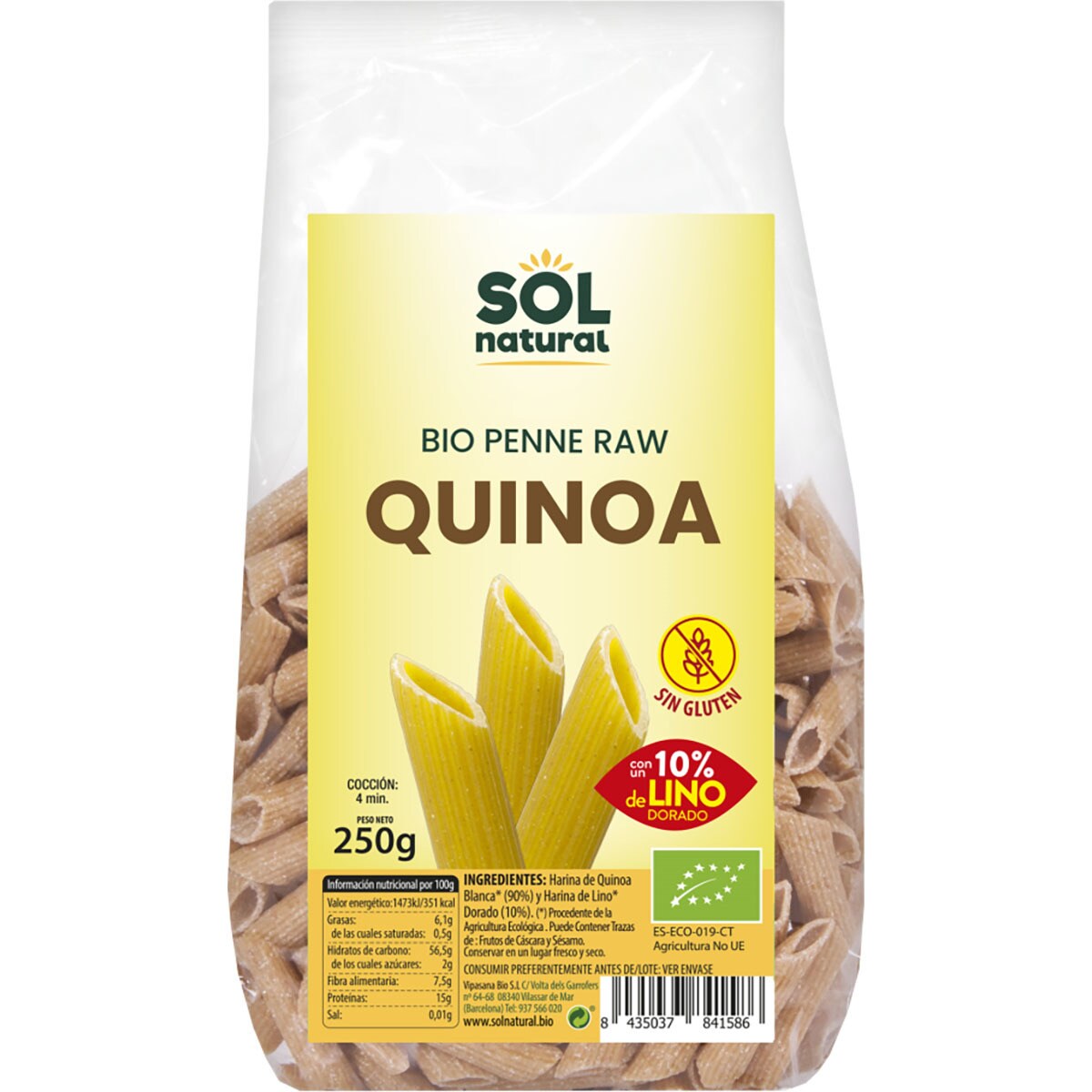 Penne de quinoa ecológicos sin gluten paquete 250 g · SOL NATURAL