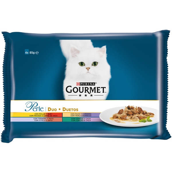Perle Duo comida húmeda para gatos dueto de carnes variadas 4 unidades 85 g