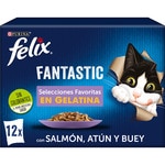 Fantastic selección de comida húmeda para gatos caja 1,2 kg buey 3 sobres 100 g pollo 3 sobres 100 g salmón 3 sobres 100 g atún 3 sobres 100 g