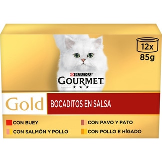 GOURMET Gold Bocaditos En Salsa comida húmeda para gatos surtido de carnes y pescados 12 latas 85 g
