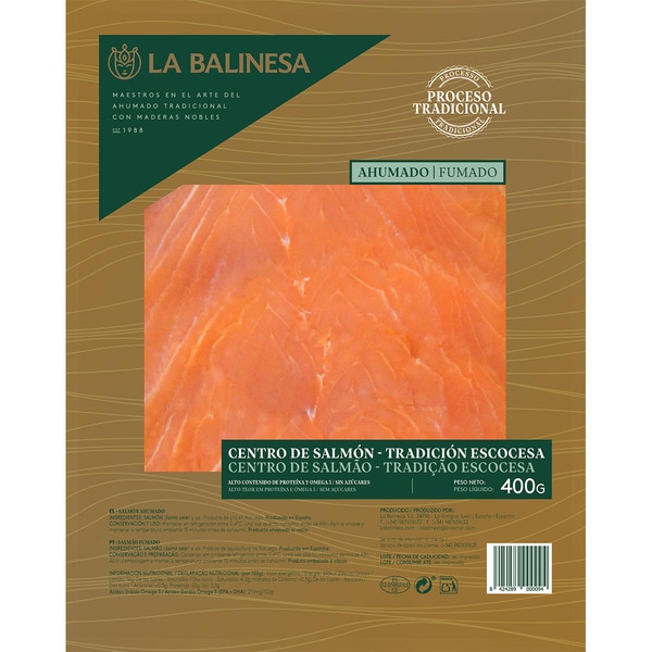 LA BALINESA centro de salmón ahumado en lonchas tradición escocesa sin azúcares añadidos envase 400 g